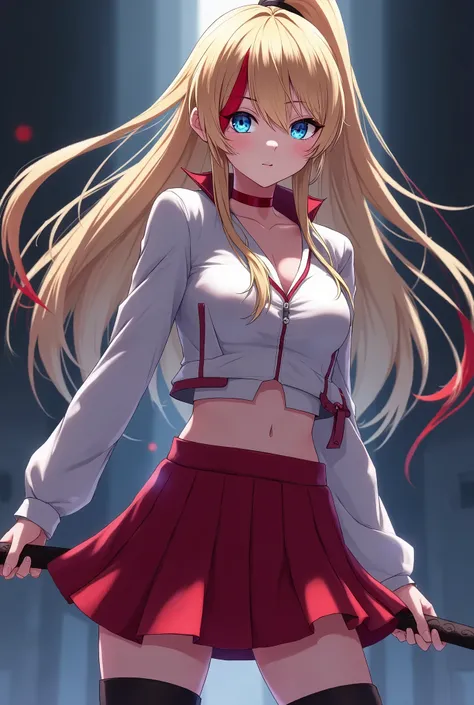 Anime Blonde woman gorgeous, ponytail,Cabelo comprido, cheerleader, holding down a katana, evil smile, side bangs covering one eyes, red highlights, multicolored bangs, Bangs with red highlights,  Blue glowing eyes, red skirt, Long blck boots, simple  shor...