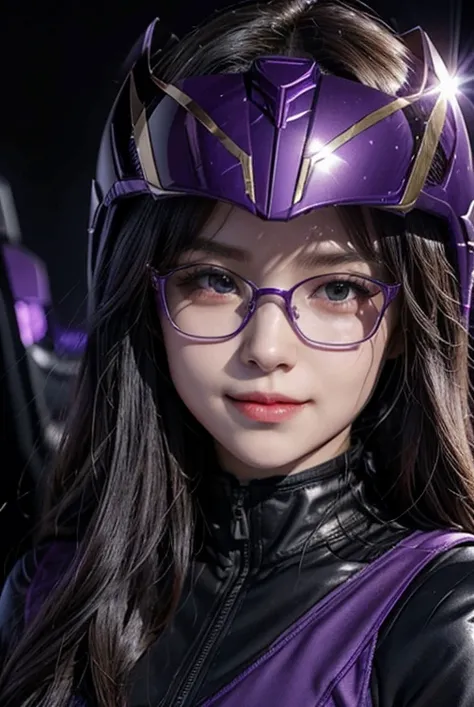 A woman smile, dark purple ranger suit, as she power rangers purple dark, villain, helmet mask, long hair, high detailed, realistic, gloves, ultra realistic, ((full face helmet)), glasses on eyes