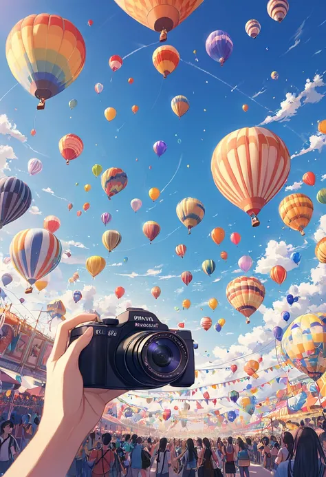 A crowded festival with many colorful balloons and hot air balloons floating in the sky, a girl taking photos with a camera, wide angle view