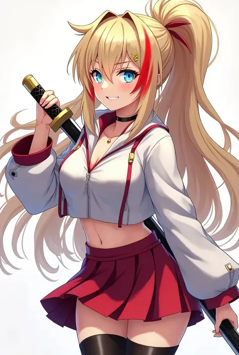 Anime Blonde woman gorgeous, ponytail,Cabelo comprido, cheerleader, holding down a katana, evil smile, side bangs covering one eyes, red highlights, multicolored bangs, Bangs with red highlights,  Blue glowing eyes, red skirt, Long blck boots, simple  shor...