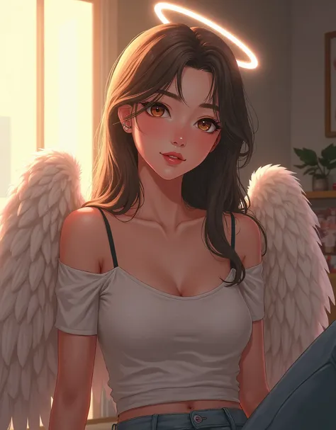 A striking woman with folded angel wings sits casually in a modern apartment, her face the central focus of the scene. Her expression is calm and confident, with sharp, captivating features that immediately draw attention. She has warm, expressive eyes and...