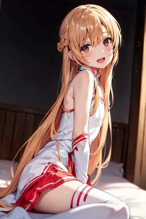 ((Best Quality)), ((masterpiece)), (be familiar with), Perfect Face, indoor, bedroom, Watching the audience,
One woman, Yuuki Asuna,
Open Mouth, Ecstatic expression, blush, smile,
Small breasts, Flat Chest, , , child, Girl,
Long Hair, Long Hair,
Leg spread...