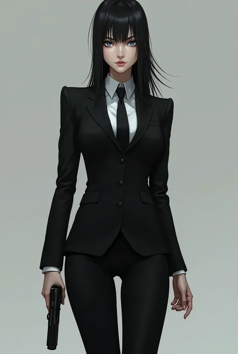 masterpiece,hyper Realistic,woman with gun in hand and a gray background, trigger Realistic artstyle, psycho pass, tall Realistic lady with blue eyes, handsome Realistic pose,  very modern black suit style, with pistol, he has a pistol!!, vector shaded , 