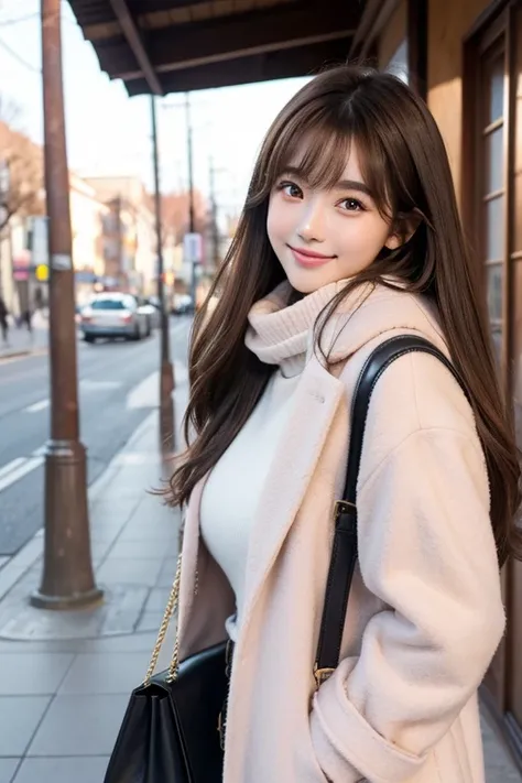 High resolution,bangs、Brown Hair、Long Hair、 Brown eyes、Large Breasts, Model body type、165 cm、24 years old、Beautiful Face、Natural Makeup、smile、Japanese、Stylish winter clothes、Pink Coat、Handbags