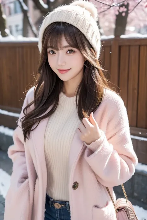 High resolution,bangs、Brown Hair、Long Hair、 Brown eyes、Large Breasts, Model body type、165 cm、24 years old、Beautiful Face、Natural Makeup、smile、Japanese、Stylish winter clothes、Pink Coat、Handbags