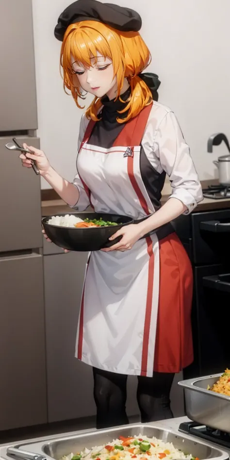 Create a virtual female chef who is stirring fried rice at the stove. and wears a red chefs shirt and chefs hat on a white background