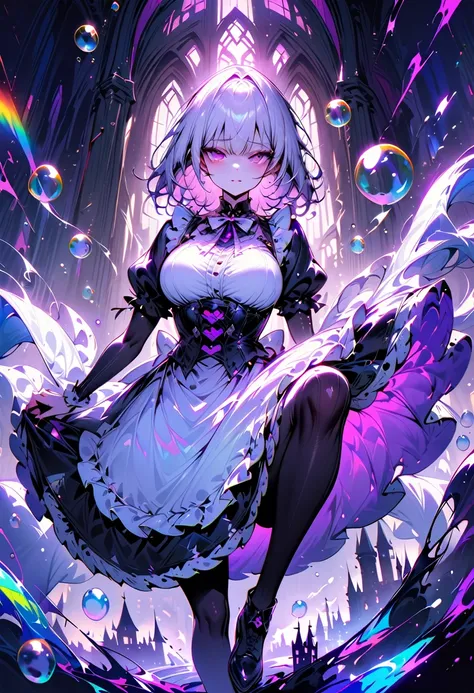 Young beautiful woman,(Best Quality,Extremely detailed depiction,Incredibly absurd high definition,Anatomically accurate,Beautiful legs,Porcelain-like skin),(Black and white gothic maid outfit,Maid Skirt,corset,Black tights),eyelash,(Silver Hair,Purple Eye...