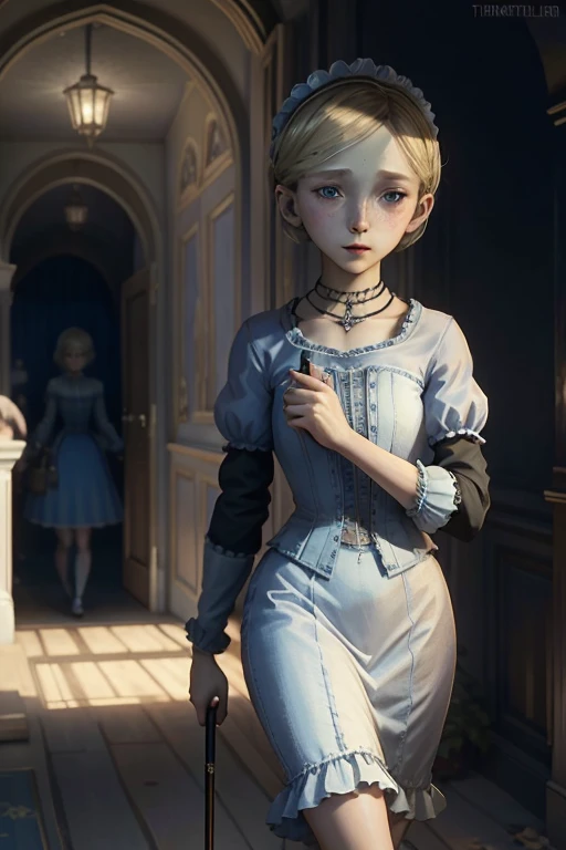 Virginia Otis,  (blond hair, blue eyes), thin, cute face, walks at night in Canterville Castle (inspired by the novel The Canterville Ghost). aged 1887, Victorian dark fantasy