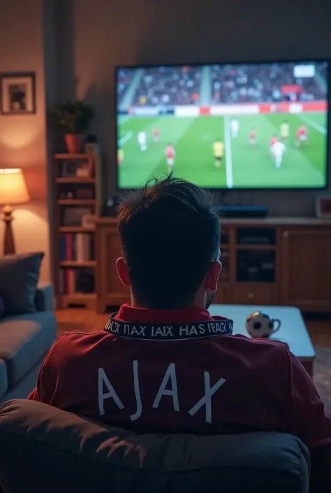 A white adult with black hair and a tattoo on his left forearm wearing a cap, ajax coat and scarf watching an ajax team game sitting on a sofa in the living room of a house