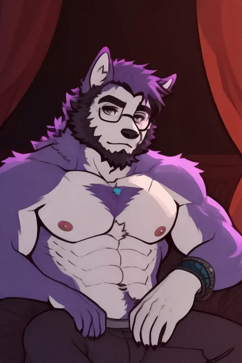 a wolf with dark violet fur, very muscular, darker beard, shirtless, wearing black bracelets on both wrists, with glasses, gray ...