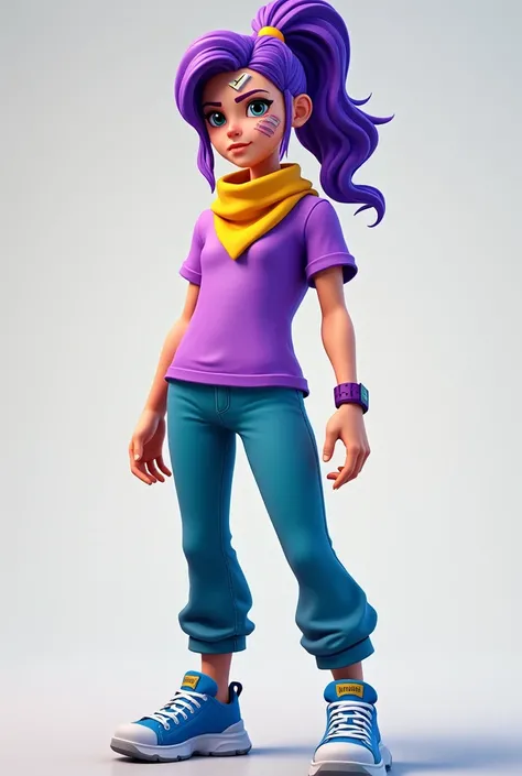 (Fortnite style), (masterpiece, best quality), intricate details, 1 girl, solo, (3D), one girl, blue pants, blue sneakers, purple shirt, yellow scarf on neck, purple hair in ponytail, bandage on face, Shelly from brawl stars,