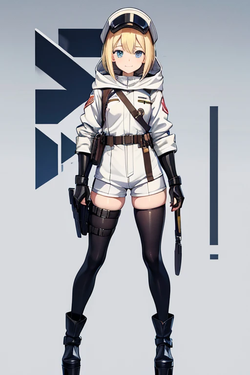 Anime drawings、Full body portrait、World War I characters、Background blank、A female pilot, about 18 years old, standing upright, about 160cm tall, wearing a white hooded long-sleeved jacket and white shorts、Wearing bulletproof goggles on his head、She is wea...