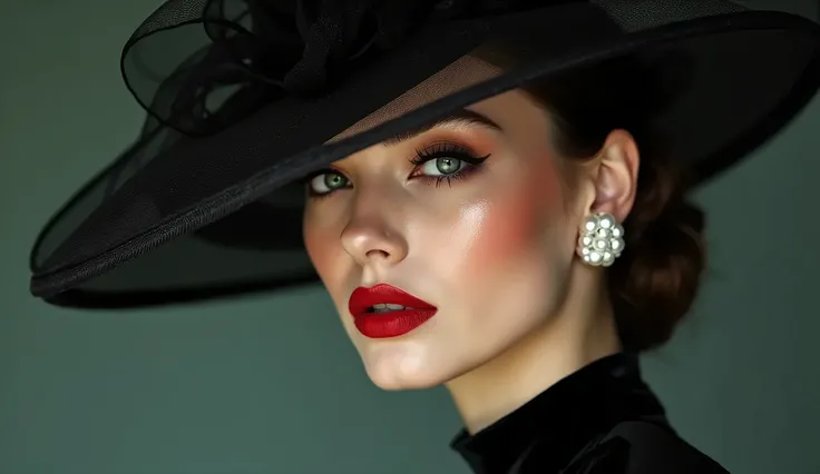 The model in the image exudes elegance and drama, wearing a black netted fascinator that partially covers her face, creating a mysterious and vintage allure. The fabric of the hat appears to be satin or silk, adorned with a delicate veil, enhancing the sop...