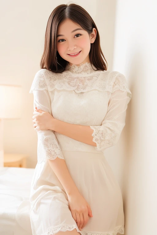 8k,Realistic, High resolution, masterpiece, Japanese, smile, slip、(Lace hem), petticoat、bedroom、wonderful, Delicate brushwork, The correct use of light and shadow, Wide Shot, Color contrast,Masseter region:1.3