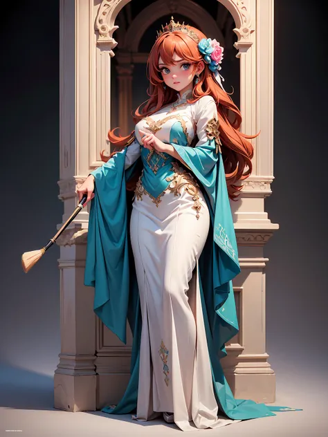 (((masterpiece, best quality, high detailed, 16k))) (1girl) A graceful woman with flowing auburn hair and soft features. She wears a gown made of canvas and paint, constantly shifting in colors. In her hand, she holds a painters palette that glows with vib...