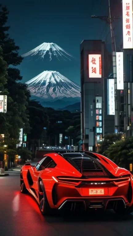 ((masterpiece)), ((best quality)), 8k, ultra-detailed, dynamic view of a futuristic sports car inspired by Japanese design, (sleek and precise design), (red and white color scheme with black accents), aerodynamic curves and samurai sword-like sharp edges, ...