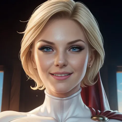 (best quality, 4K, masterpiece :1.3),, (Huge breasts, attractive body :1.2),  :1.3, short blonde hair: 1.2, ((sweaty body  :1.2), ultra-detailed face, detailed lips, detailed eyes, double eyelid, wearing her iconic Powergirl leather outfit and cape.  his b...