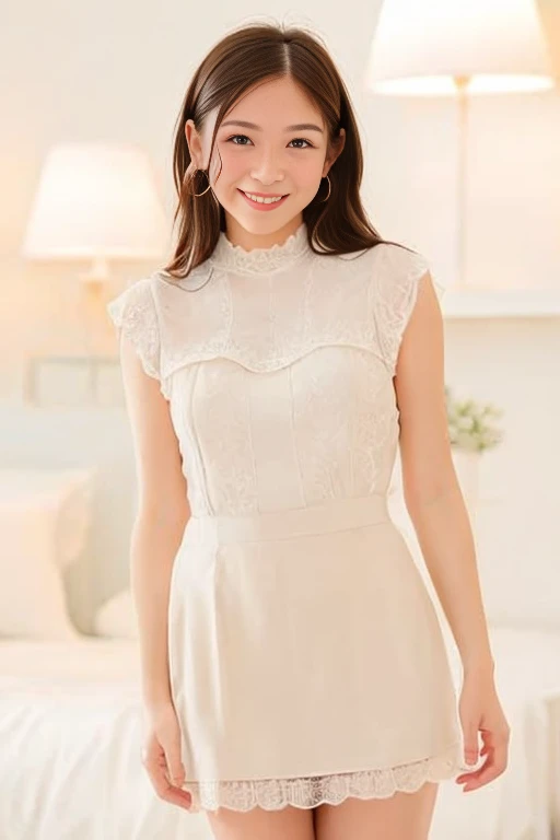 8k,Realistic, High resolution, masterpiece, Japanese, smile, Nylon Fabric, petticoat、bedroom、wonderful, Delicate brushwork, The correct use of light and shadow, Wide Shot, Color contrast,Masseter region:1.3