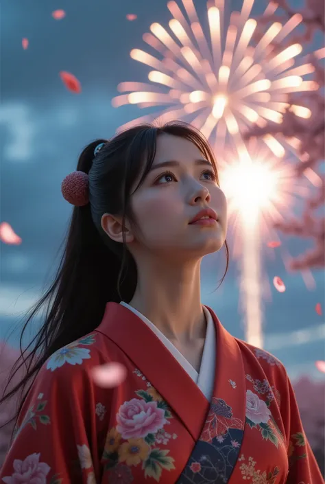 a beautiful japanese woman in traditional kimono, watching fireworks display at night, detailed face, long hair, cherry blossom ...