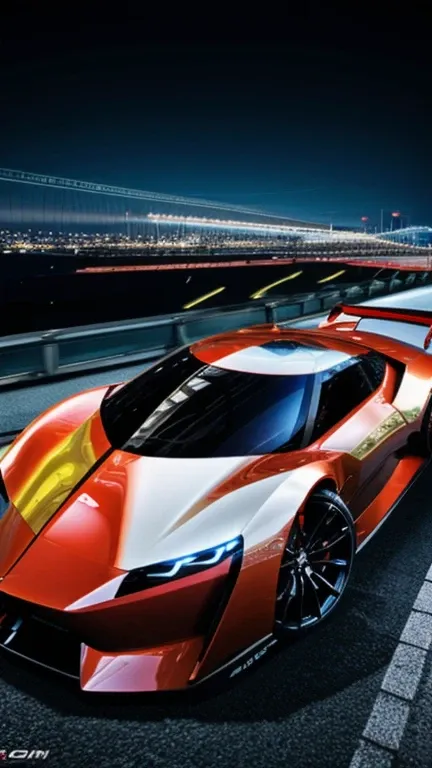 ((masterpiece)), ((best quality)), 8k, ultra-detailed, dynamic view of a futuristic sports car inspired by japanese design, (sle...