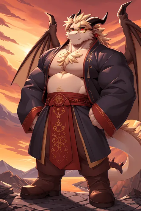 (sfw:1.5), male focus,  (Prince, deacon:1.4), Handsome 1boy, solitary, Single，Front view photo, (Light blond thick eyebrows:1.5), (Black nails, Black Claws:1.3), (Dark brown dragon wings:1.5), (Dark brown skin:1.4), (Light blond chest hair:1.2), (Dark brow...