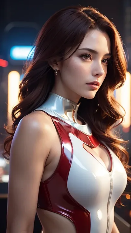 photorealistic  of woman flowing wavy short red-brown hair in shiny latex cut-out astronaut cyberpunk style , spiked neck jewelry ,beautiful round breasts , large breasts, The setting should be grand and richly decorated , medium body shot 1:3, cinematicli...