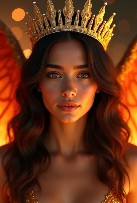 a young latin queen, beautiful detailed hazel eyes, beautiful detailed lips, extremely detailed face, longeyelashes, long dark brown wavy hair, round face, golden freckles on cheeks, phoenix wings, phoenix flames, queen crown, light skintone (best quality,...