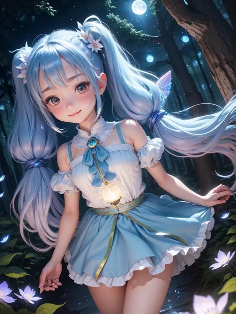 cute 、Dynamic Angle、 In the magical forest, A mysterious fairy girl appears, Light blue long hair、Twin tails、Adorable smile、The moonlight shines brightly. Her skirt, Woven with petals and stardust, Iridescent, Flowering Tree々Flapping among the glowing fire...