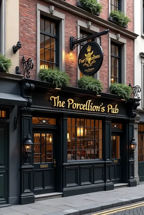 create a black pub facade with exposed brick details. (O nome do lugar é The porcellions pub)