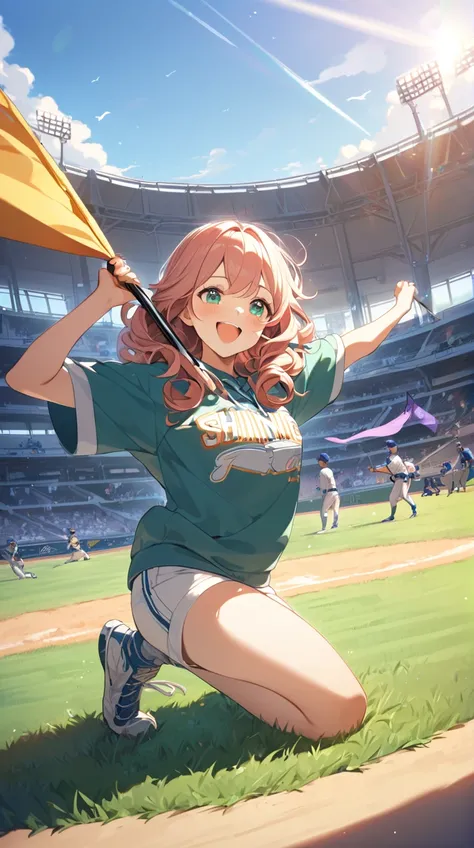 One Girl、Cheerful smile、Shining Eyes、Curly Hair、Team hoodies、Playful posture、Glowing Skin、Small breasts、Support Support、Baseball BREAK Soft Afternoon Light、(Diffuse Light:1.2)、Bright colors、Pleasant shadows、Fun atmosphere、Bustling Energy、Artistic flare、Cha...