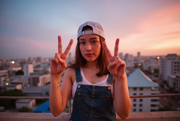 A portrait of an evening scene unfolds as a stunning Thai woman poses with V sign, in Bangkok City, bathed in the soft light of the fiery sky. Framed by an analog camera lens and flash, her radiant beauty is captured on Kodak Portra 800 film. She wears ove...