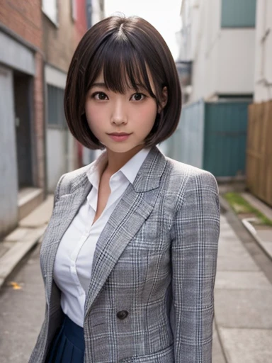 ((masterpiece, Best Quality)), A Japanese high school girl is standing in an alley,Big Breasts,Busty,Short Bob Hair,Wearing a grey checked blazer,White shirt,The shirt is so tight it looks like it&#39;s about to burst.,Grey checked pleated skirt,Pose for t...