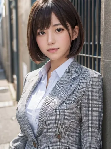 ((masterpiece, Best Quality)), A Japanese high school girl is standing in an alley,Big Breasts,Busty,Short Bob Hair,Wearing a grey checked blazer,White shirt,The shirt is so tight it looks like it&#39;s about to burst.,Grey checked pleated skirt,Pose for t...