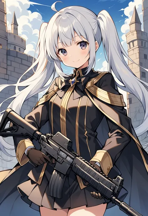 1 cute girl,
(light platinum hair, lob hair, pigtails hair, ahoge, black bow),
(dark gray eyes, tareme),
smile,

(aiming Assault Rifle), looking at viewer,

(black cape, gold line),
(black Monarchs clothes, gold line),
(black skirt, gold line),
(black leat...