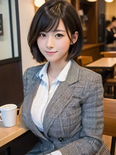 ((masterpiece, Best Quality)), A Japanese high school girl is sitting in a coffee shop,Big Breasts,Busty,Short Bob Hair,Wearing a grey checked blazer,White shirt,The shirt is so tight it looks like it&#39;s about to burst.,Grey checked pleated skirt,Pose f...