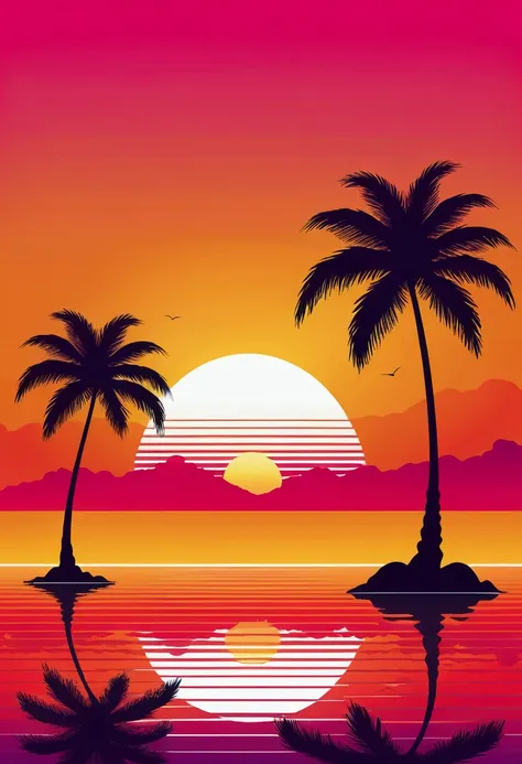 retro sunsets in the style of the 80s and 90s. Abstract background with a sunny gradient. Silhouettes of palm trees. Vector design template for logo