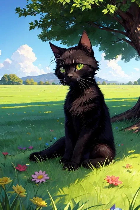 Vast plain of green grass , sunny day , little black kitten sitting on the grass , HEAD ON