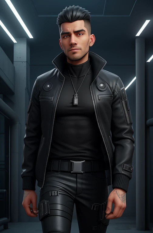 Is it cyberpunk style?, Big chested man wearing a black tactical stretch shirt, Define your muscle shape. Breathable fabric and hidden seams ensure urban comfort.. cyberpunk jacket, focal point, Includes future details.:

High-tech materials: The jacket is...