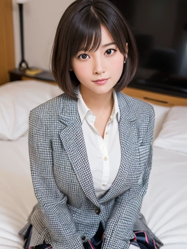 ((masterpiece, Best Quality)), A Japanese high school girl is sitting on her bed in her room,Big Breasts,Busty,Short Bob Hair,Wearing a grey checked blazer,White shirt,The shirt is so tight it looks like it&#39;s about to burst.,Grey checked pleated skirt,...