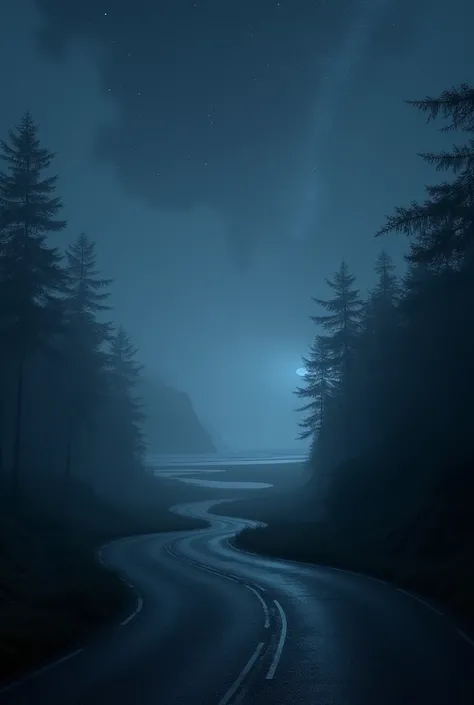 A foggy road on a cloudy night. At the end of this road we see a beach at night. The sky is starry. High quality, high realism.