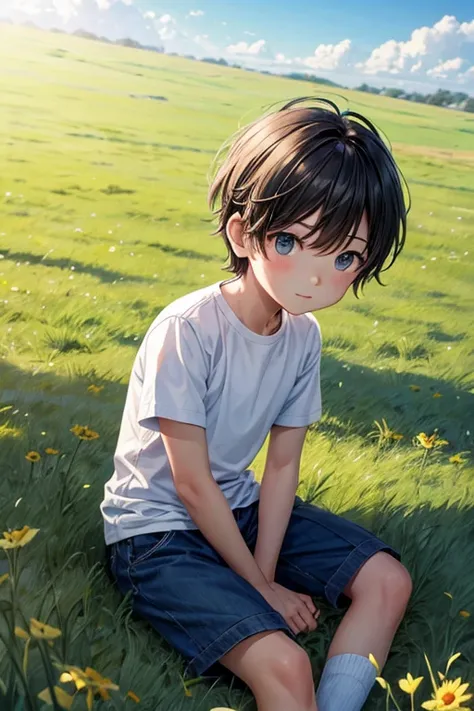 Vast plain of green grass , sunny day , little six year old boy sitting on the grass , HEAD ON