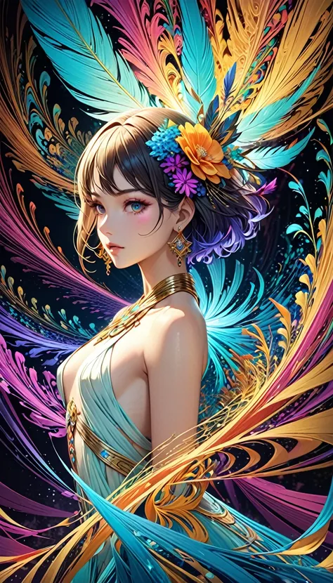 (Hygieia, Greek goddess of medicine)、Natural standing posture、bust、Beautiful Face、Beautiful Hairstyles、short hair, Small breasts, Shoulder Bare, particle, Light,beautifully、Midea, Very detailed, (Fractal Art: 1.1), (colorful) (flower), Best details,(Dynami...