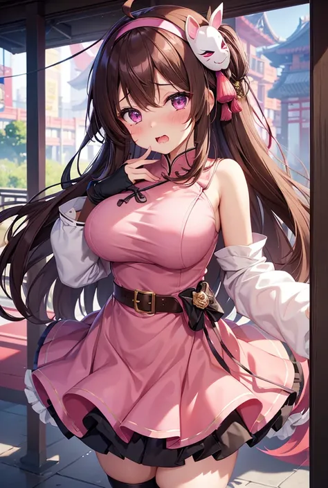 One girl, Blushing, Open your mouth a little, High resolution, Ahoge, ribbon, Large Breasts, Headband, Pink Chinese Dress, mask, Rubber, belt, rubber, Packing tape, Purple eyes, tears, saliva, Brown Hair, Hide your ears, Drooling, spider