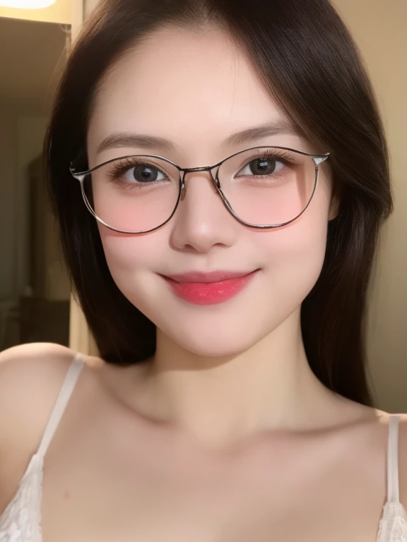 (realistic、masterpiece、best quality、8k、high resolution、high resolution:1.3)、1 glasses girl、smile, red lips, gigantic breasts、whi...