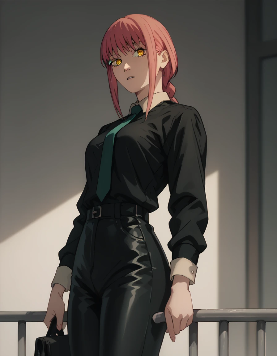 looking at viewer,parted lips,
solo,
makima,1girl,pink hair,braid,yellow eyes,
medium breasts,
black leather suit,necktie, shirt...