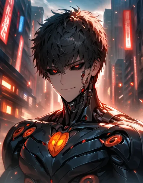 absurdres, highres, ultra detailed, HDR, masterpiece, extremely detailed face and eyes, Genos, cyborg, black hair, expressive red eyes, (((Black scleras))), One Punch Man, 1man, handsome, advanced city, dramatic lighting, soft smile, red lights across body