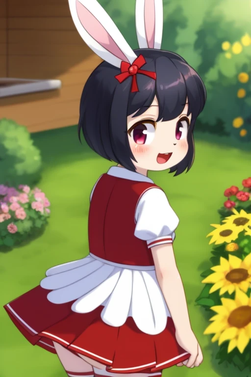 mimirin, bunny girl, black hair,garden,red skirt