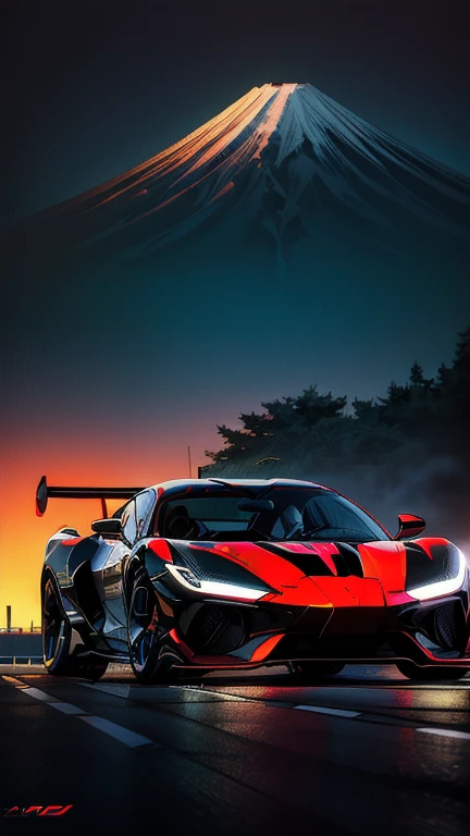 ((masterpiece)), ((best quality)), 8k, ultra-detailed, dynamic view of a futuristic sports car inspired by japanese design, (sle...