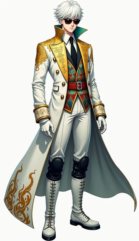 Anime guy with pale skin, sunglasses, and white short messy hair, stoic expression on his face, a long, golden buttoned white coat with three separated coattails. A golden, draconic pattern runs around the collar. A gold lining runs across the edges of the...