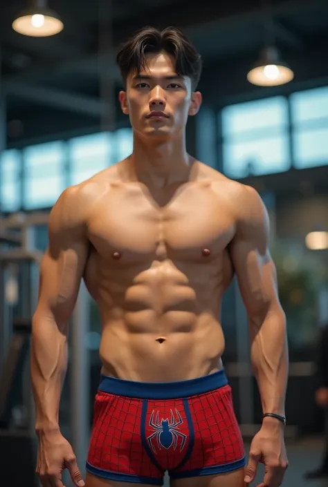 Handsome Chinese Teen Model, 4k, high resolution, best quality, masterpiece, perfect color, perfect shadow, perfect lighting, Posted by e621, ((portrait)), ((handsome man)), handsome and perfect Chinese teen figure, Wearing Spiderman underwear, Detailed sh...